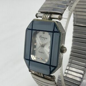 Vtg Ronica Watch Women 26mm Silver Tone Faceted Bezel Stretch Band New Batter 7"